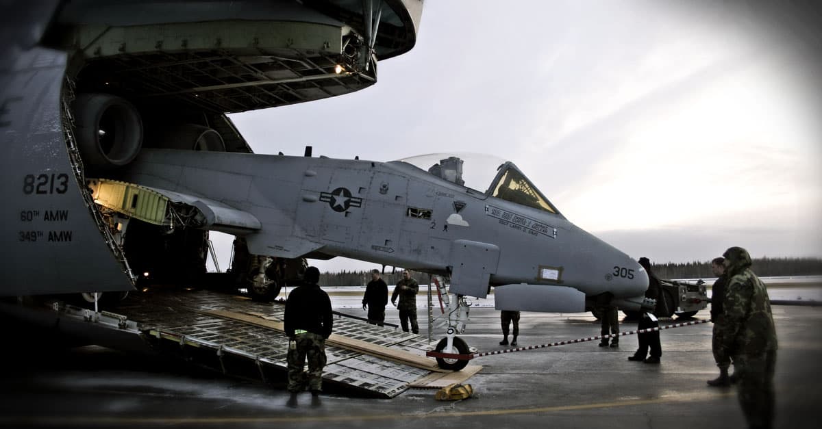A-10_the team working on the inactive A-10 Thunderbolt II winches the aircraft into the C-5 Galaxy