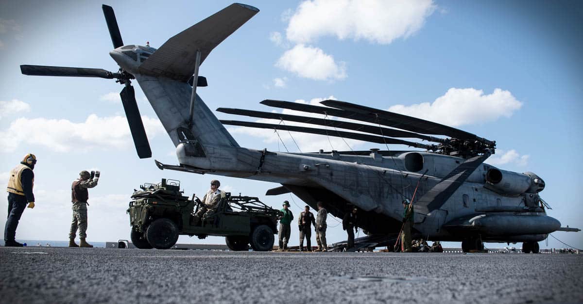 CH-53E_Marines load load an internally transportable vehicle, light strike variant (ITV-LSV) onto a CH-53E